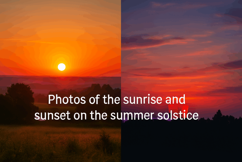 2025年夏至の日の出と日の入りを比較した写真。左は朝焼けの中で昇る太陽、右は夕焼けに沈む太陽の風景
