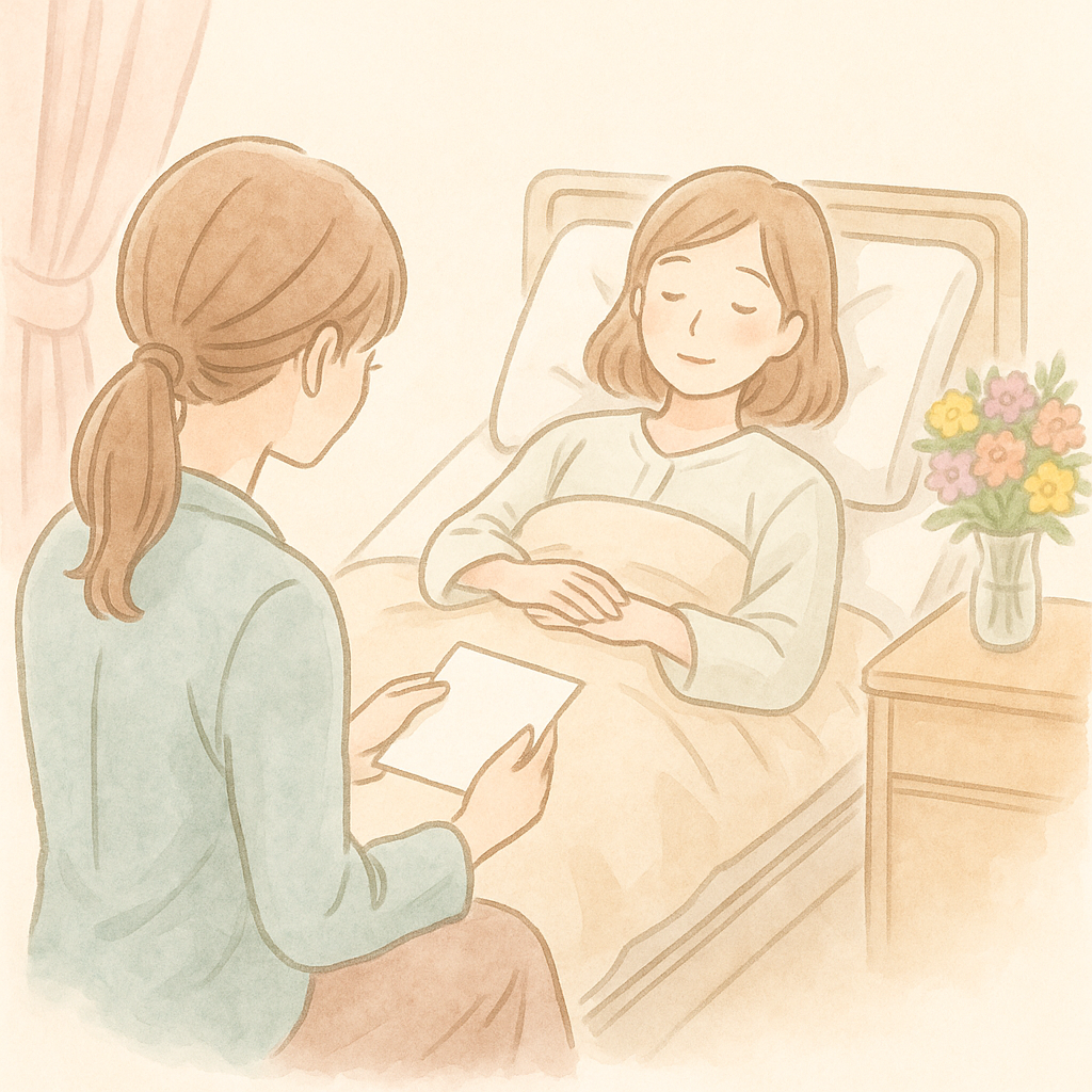 病室でお見舞いに訪れた女性が、ベッドで静かに休む入院中の女性に手紙を渡す様子を描いた水彩風の優しいイラスト。お見舞いマナーや手紙の伝え方に関する記事に最適。 