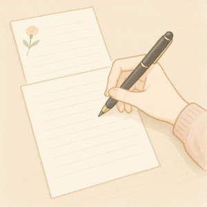 お見舞いの気持ちを伝えるために便箋に手紙を書く女性の手元を描いたイラスト。優しい色合いで初心者向けに丁寧な印象を与える。 