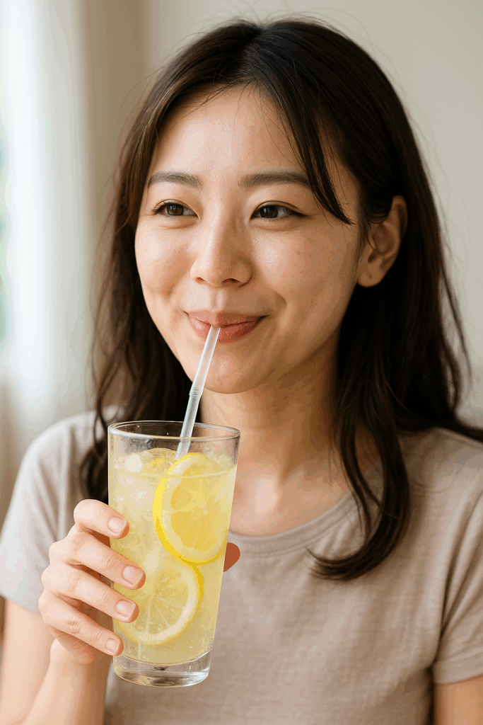 20代の日本人女性が、手作りレモンシロップを使ったレモンスカッシュをストローで美味しそうに飲んでいる様子。爽やかな炭酸とレモンの輪切りが映える夏にぴったりのドリンクシー