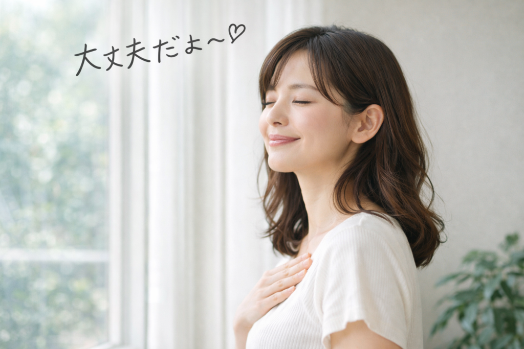 自然光が差し込む窓辺で、穏やかな表情で微笑む30代前後の日本人女性