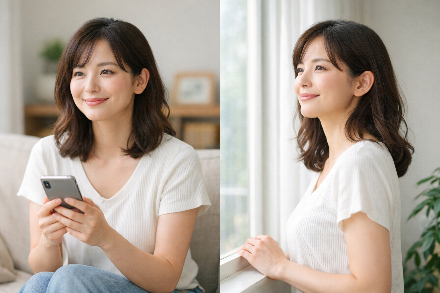 明るいリビングでスマホを手に、落ち着いた表情で微笑む30代前後の日本人女性