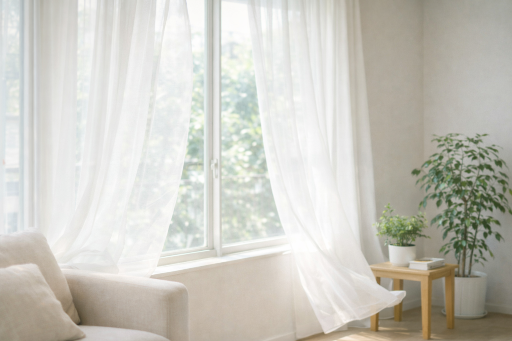 自然光が差し込む窓辺で、白いカーテンが揺れる明るいリビングの様子